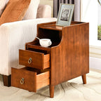 Narrow End Side Table with 2 Drawers and Pull-Out Tray, No-Tools Assembly Sofa Beside Table for Living Room, Slim Side Table with Solid Wood Legs, 11.8”W x 21.6”L x 22.9”H Caramel Brown BG-A1359-MG
