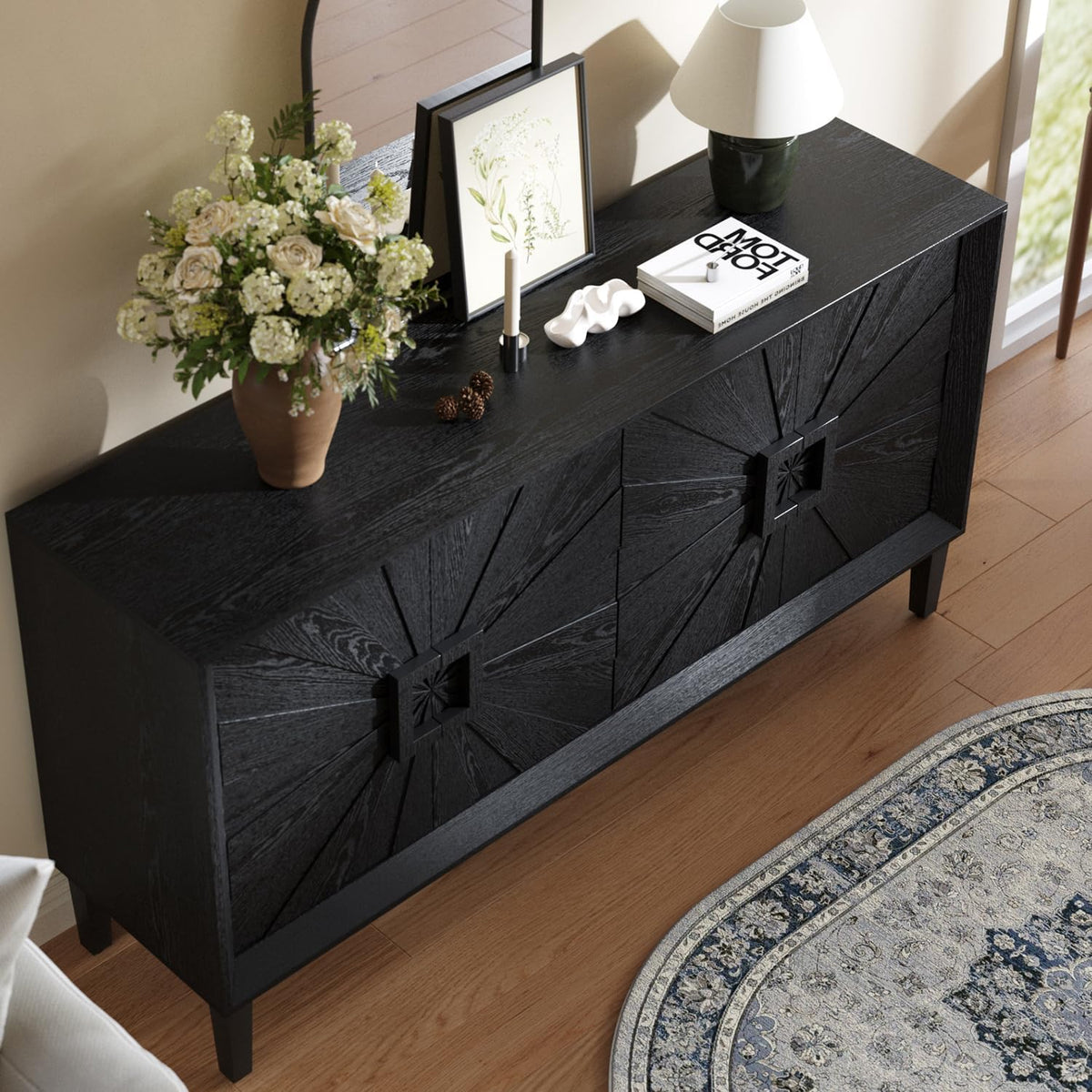 Large Buffet Sideboard Cabinet with Storage,60" Modern Cedenzas Buffet Table American Farmhouse Charm Cabinet with 4 Symmetrical Sunburst Doors for Living Room Hallway, Antique Black