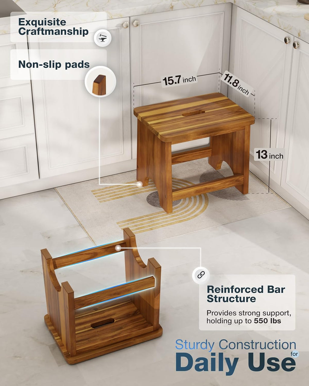 FANATU 13" Wooden Step Stool for Adults, Non-Slip One Step Stool for Adults | Heavy Duty Bed Step Stool For High Beds With Wide Acacia Wood Platform, Reinforced Support Bars, Non-Slip Feet, Holds 500 Lbs