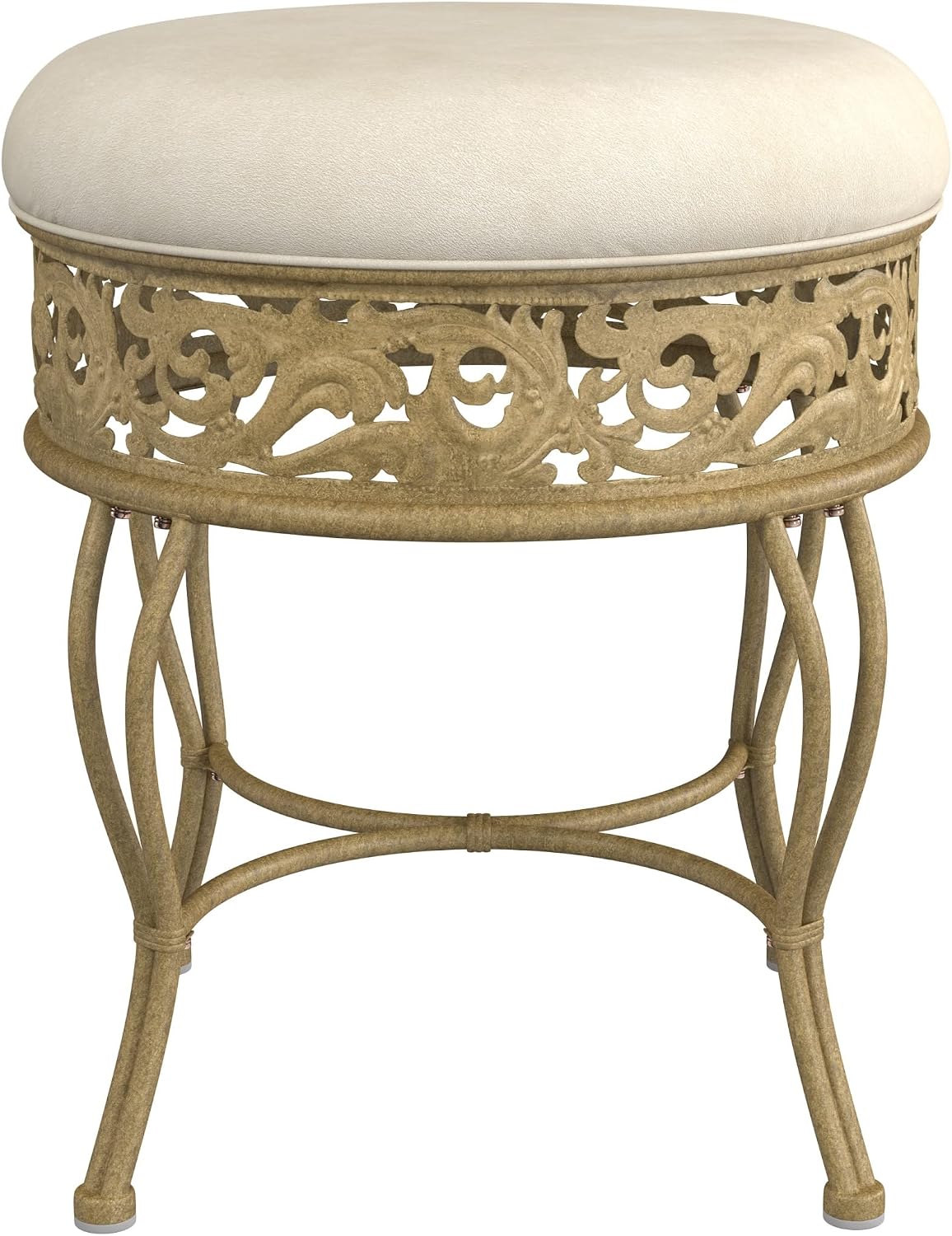 Hillsdale Villa III Backless Metal Vanity Stool with Ornate Lattice Detailing, Antique Beige