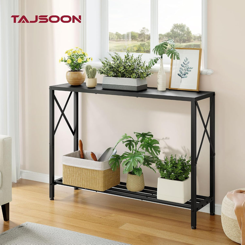 Tajsoon Console Table 41.8", 2 Tier Narrow Entryway Table with Shelves | Black Sofa Table with Stable X-Frame, Behind The Couch, for Entryway, Hallway, Entrance, Living Room, Foyer, Office, Black