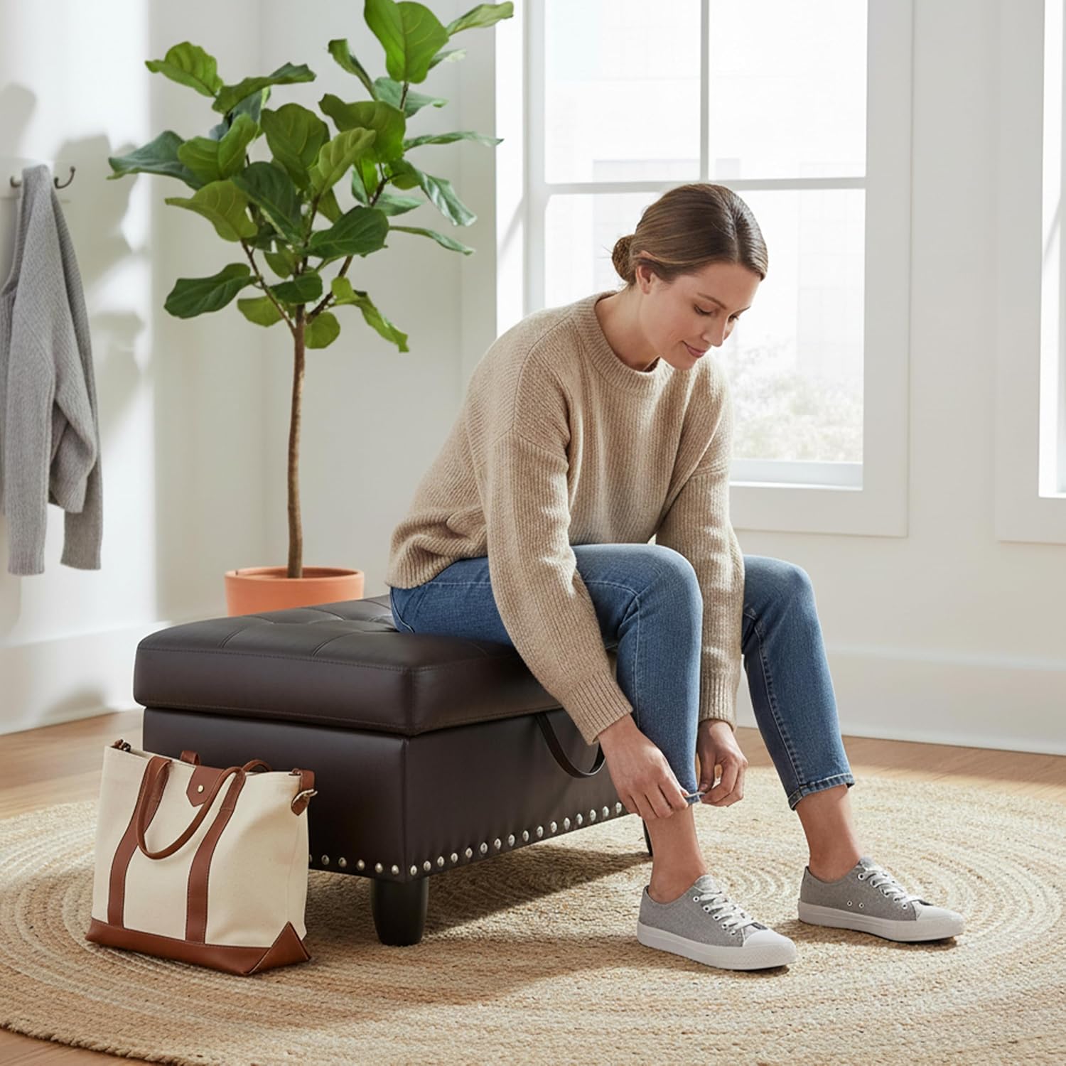 Simple Deluxe Ottoman with Storage Bench Chair, 28.5" L x 19.5" W x 17.5" H Foot Rest Stools with Synthetic Leather,Ottoman Storage Chest Box with Padded Seat for Bedroom, Living Room, Entryway,Brown