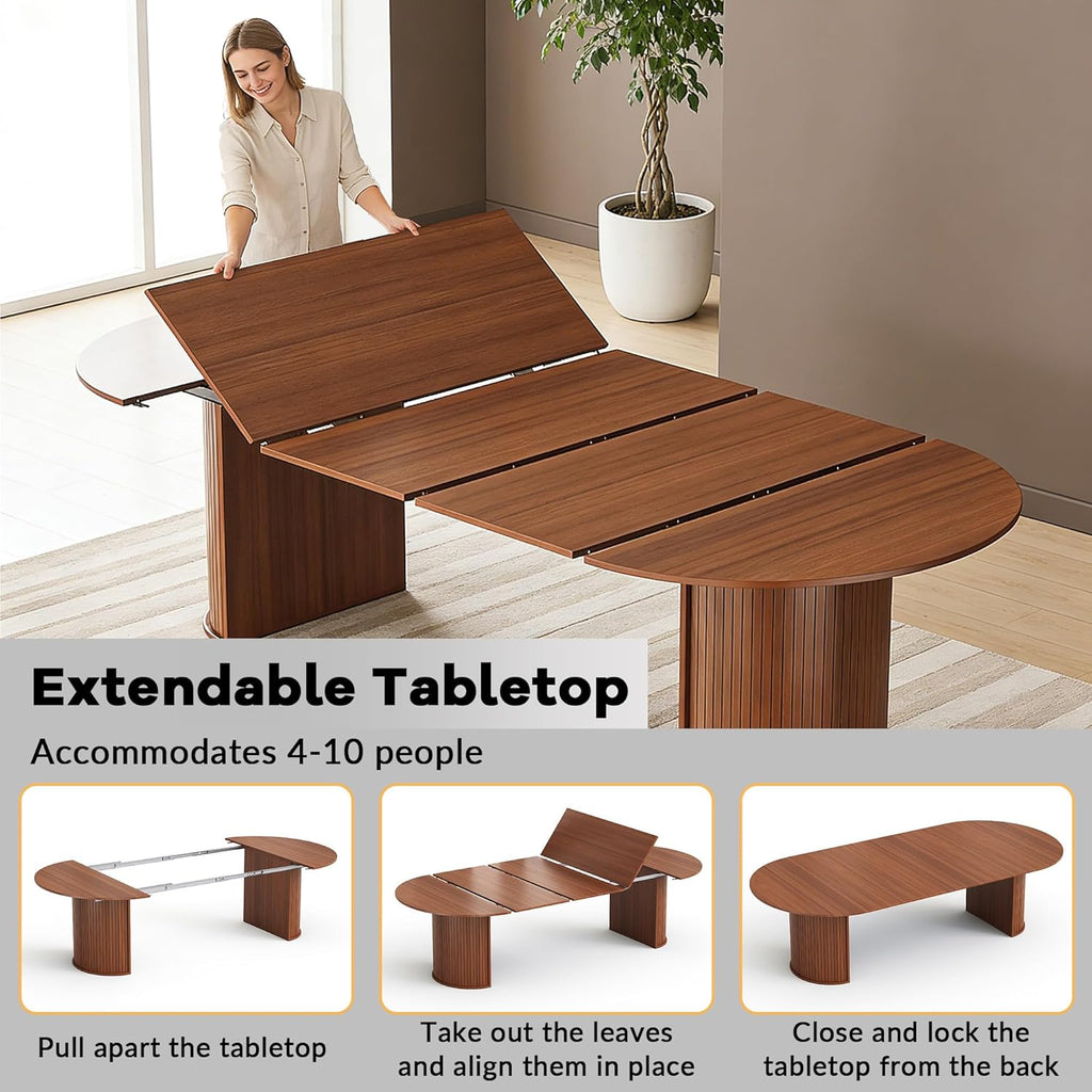 45"-105" Long Extendable Dining Table for 4-10, Mid Century Brown Wood Extendable Kitchen Table with 3 Leaf, Fluted Base for Dining Room, Space Saving (Table Only)