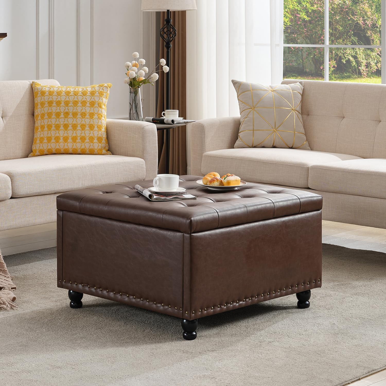 Tbfit 30" Large Square Ottoman Coffee Table with Storage, Oversized Tufted Upholstered Ottomans Bench with Solid Wood Legs for Living Room, Dorm, Leather Foot Stool for Couch Sofa Toy Box, Brown