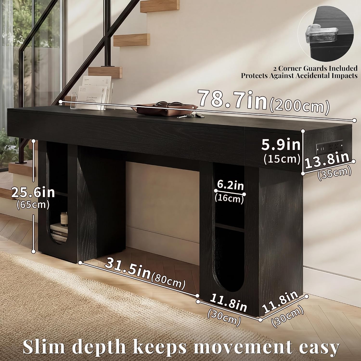 79" Entryway Console Table with Outlets & Storage-Black | 5.9" Thick Top,Zero Wobble,Behind Large Couch,Extra Long,Anti-Tip,Modern Farmhouse,Dense MDF,Living Room,Hallway,300lbs Load