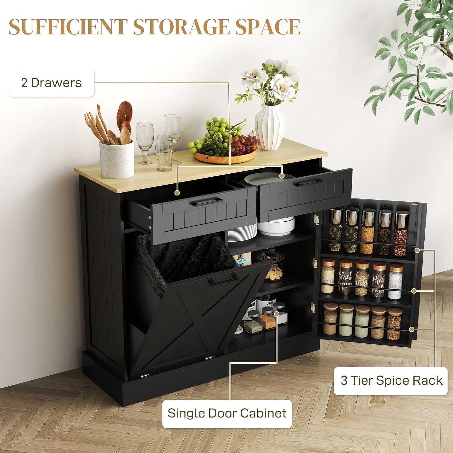 Hidden Trash Can Cabinet with Spice Rack