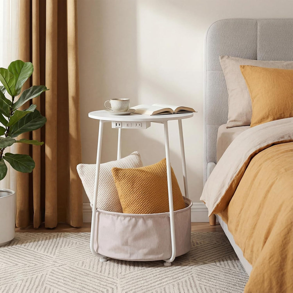 Round Side Table with Charging Station & USB Ports, Modern End Table Nightstand with Fabric Storage Basket, Matte White & Camel Brown Accent Table for Living Room, Bedroom (White)