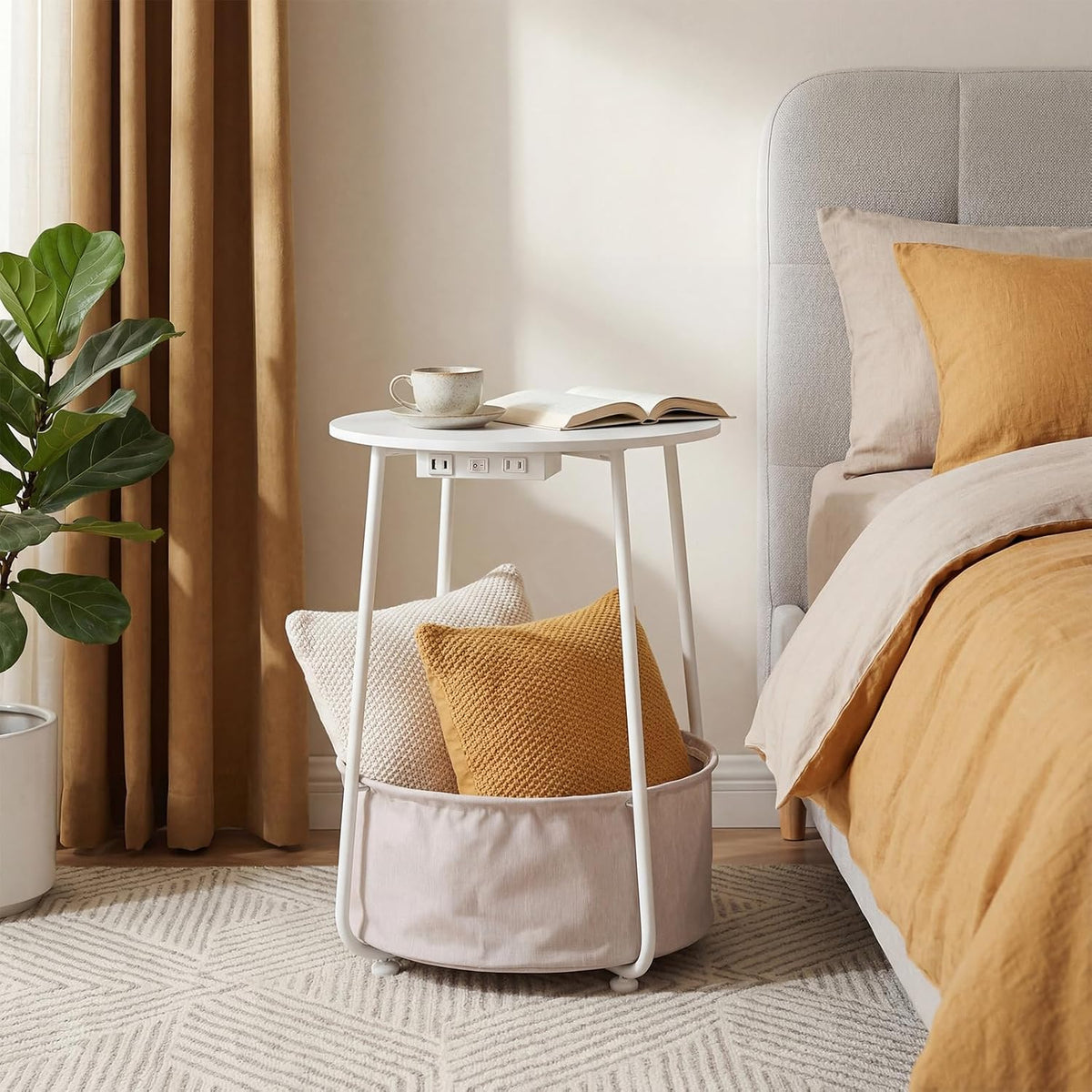 Round Side Table with Charging Station & USB Ports, Modern End Table Nightstand with Fabric Storage Basket, Matte White & Camel Brown Accent Table for Living Room, Bedroom (White)