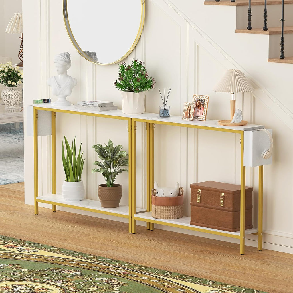 Bigbiglife 39.4" Console Entryway Table, 2-Tier Industrial Narrow Sofa Table with Storage Shelves for Hallway, Living Room, Bedroom, Foyer, Corridor, Office, Marble White and Gold