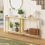 Bigbiglife 39.4" Console Entryway Table, 2-Tier Industrial Narrow Sofa Table with Storage Shelves for Hallway, Living Room, Bedroom, Foyer, Corridor, Office, Marble White and Gold