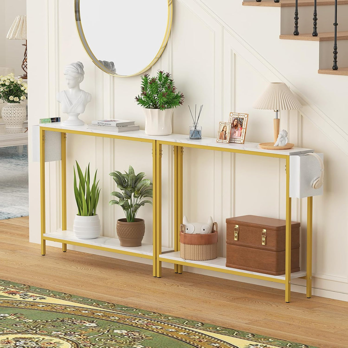 Bigbiglife 39.4" Console Entryway Table, 2-Tier Industrial Narrow Sofa Table with Storage Shelves for Hallway, Living Room, Bedroom, Foyer, Corridor, Office, Marble White and Gold