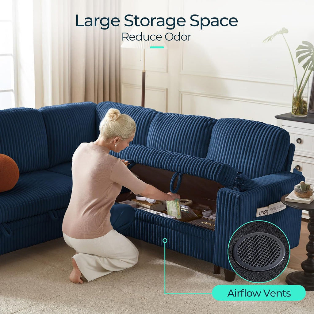 LINSY HOME Sectional Couches for Living Room, 81" U Shape 6 Seats, Blue | Sleeper sofa with pull out couch bed, corduroy couch with storage