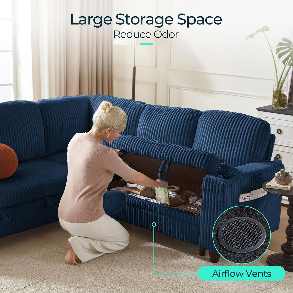 LINSY HOME Sectional Couches for Living Room, 81" U Shape 6 Seats, Blue | Sleeper sofa with pull out couch bed, corduroy couch with storage