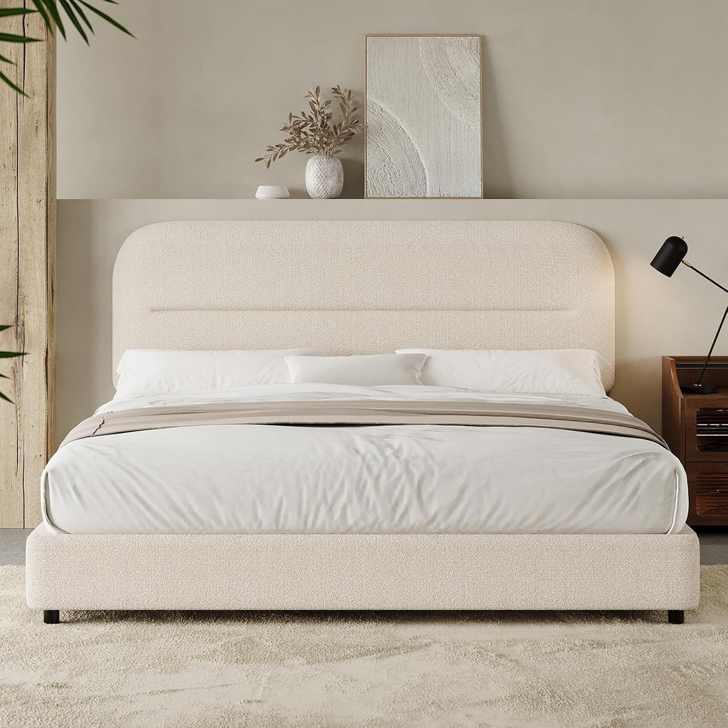 HOMBCK Full Size Cloud Bed Frame, Plush Boucle Upholstered Platform Bed, Adjustable Padded Headboard, Rounded Corners, Low‑Profile Design, No Box Spring Needed, Cream