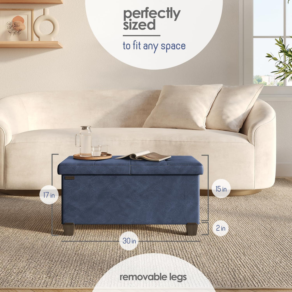 Storage Ottoman Bench with Bins, 30-in Storage Bench for Bedroom End of Bed, Folding Foot Rest Ottoman for Living Room Max 660lbs, Leather Ottomans, Blue