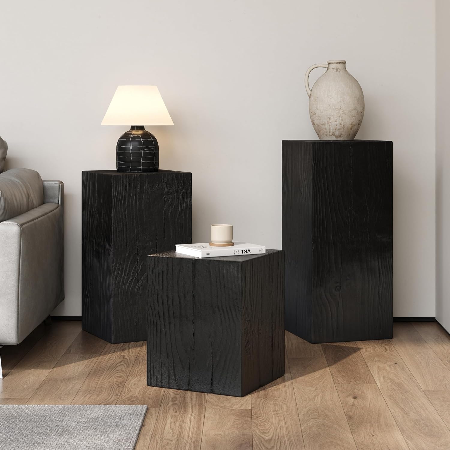 H18'' Square Side Table End Table for Living Room, Modern Farmhouse Countryside Style, MGO Material for Indoor & Outdoor, Natural Wood Grain, No Assembly, Black