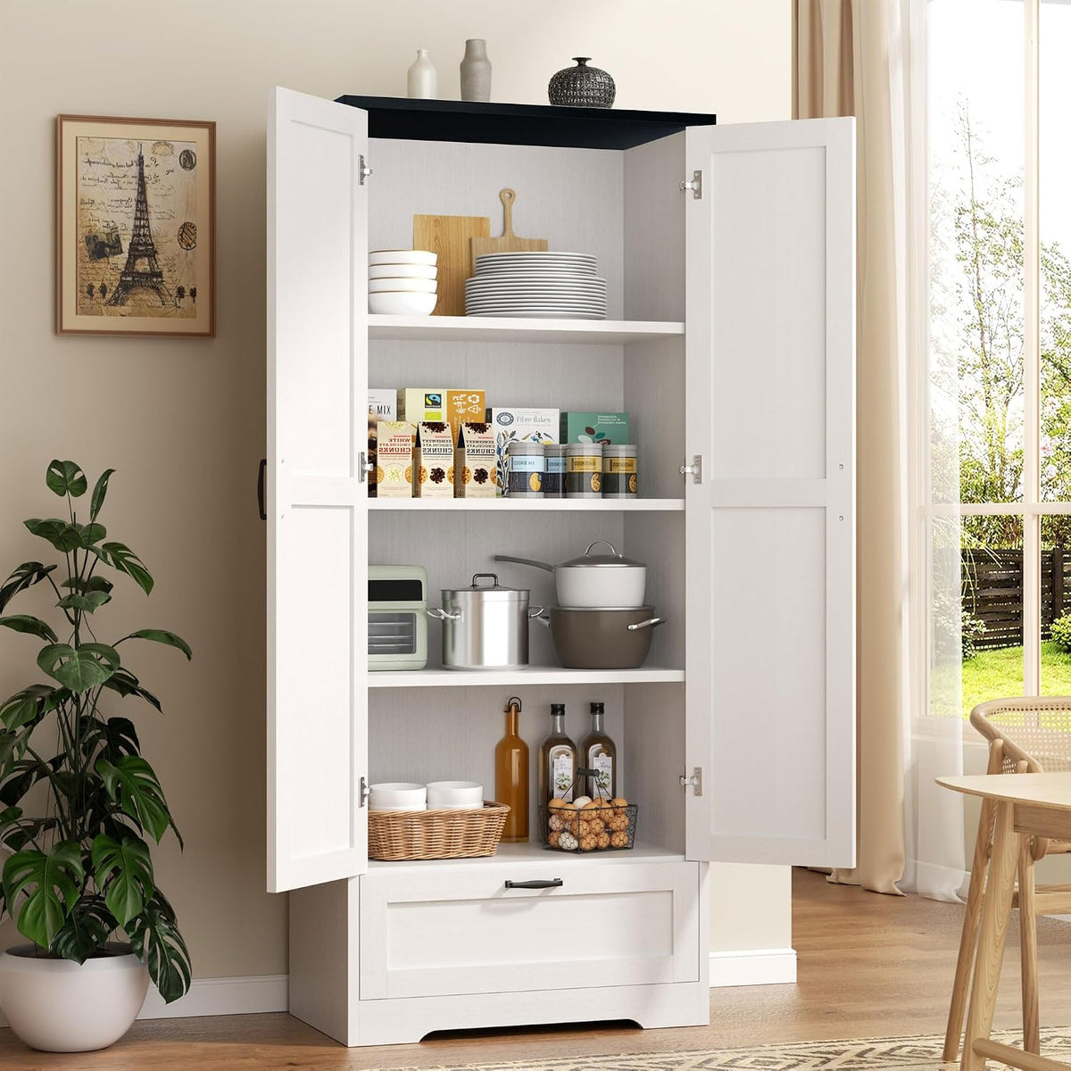 Vongrasig Kitchen Pantry Storage Cabinet with Barn Doors, Drawer and Adjustable Shelves, 4-Tier Tall Rustic Wood Cupboard Locker for Kitchen, Dining Room, Living Room, Bathroom, (White)