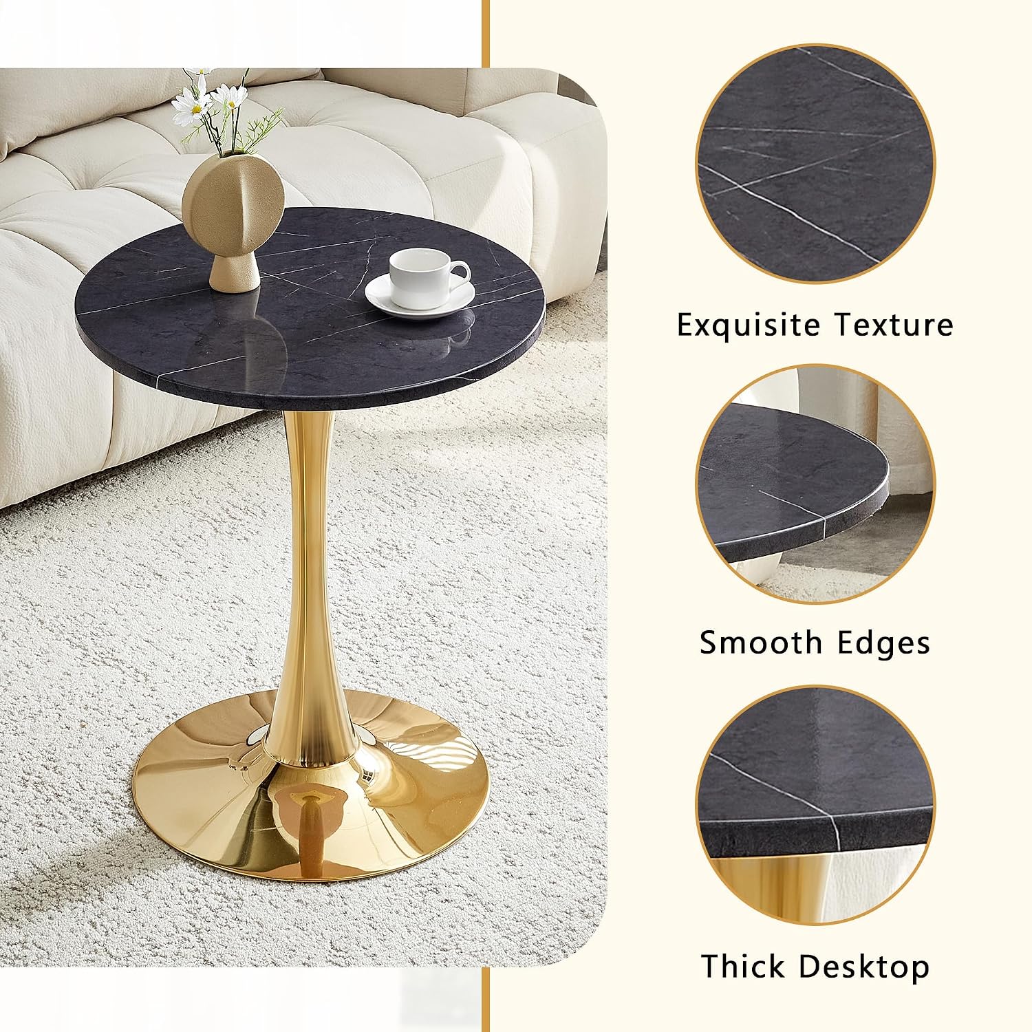 Round Dining Table, 23.6" Circle Tulip Table with Thickened Tabletop & Metal Pedestal, Mid Century Modern Bistro Table for Kitchen, Small Places, Living Room