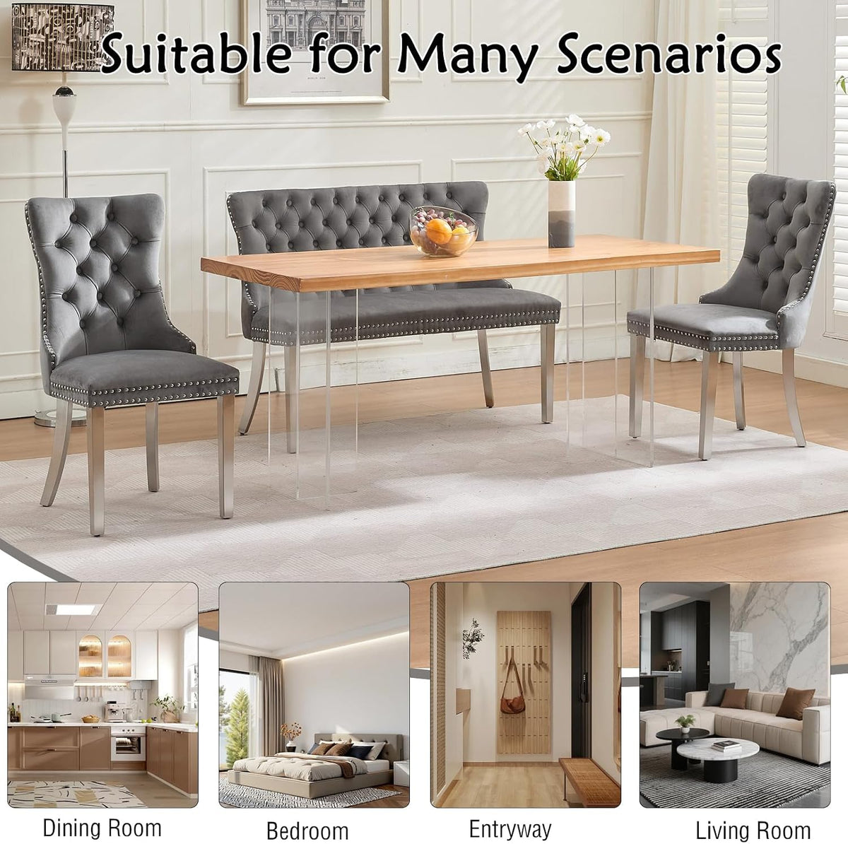 Henf Modern Tufted Velvet Dining Bench with Wing Back, 2-Seat, Nailhead Trim, Sturdy Stainless Steel Legs, Entryway Bench Small Upholstered Loveseat Sofa, 45.6''W x 22.7''D x 35.2''H (Gray&Silver)