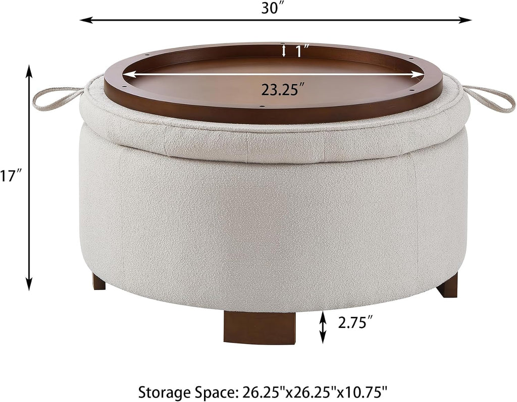 30'' Round Ottoman with Storage, Oversized Ottoman Coffee Table with Reversible Lid and Wooden Legs, Boucle Upholstered Tufted Footstool, Dual-Purpose Seat & Table for Living Room Bedroom, Beige