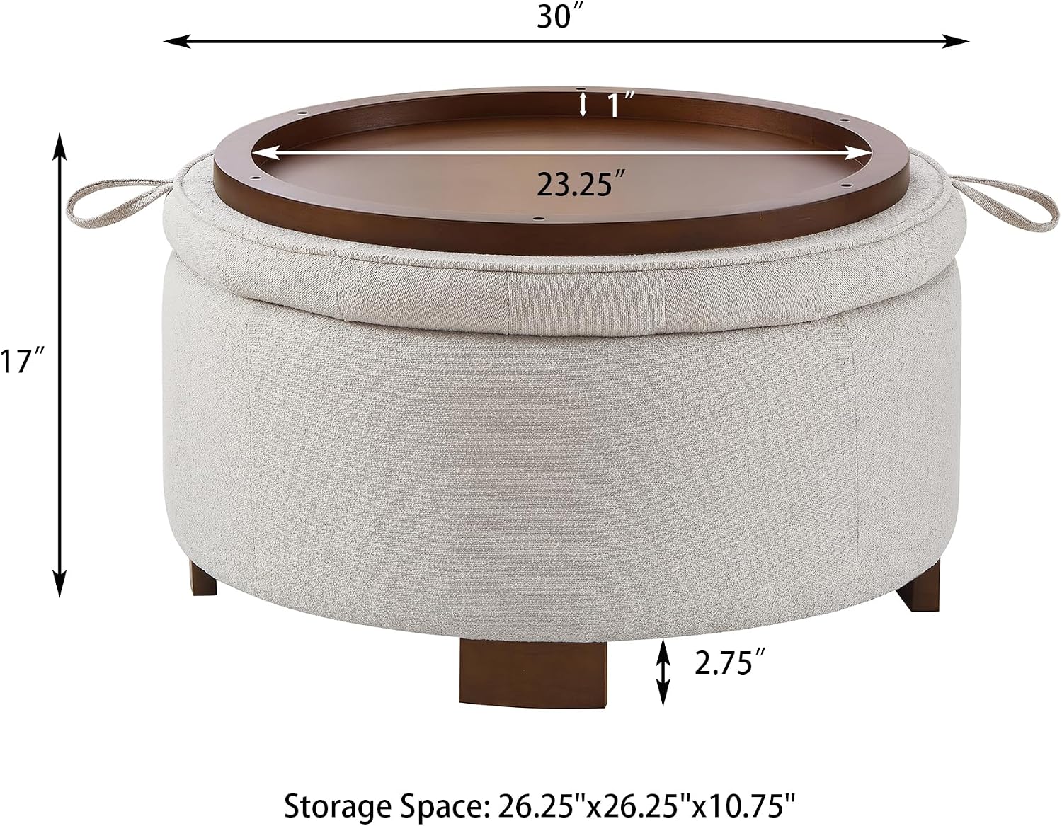 30'' Round Ottoman with Storage, Oversized Ottoman Coffee Table with Reversible Lid and Wooden Legs, Boucle Upholstered Tufted Footstool, Dual-Purpose Seat & Table for Living Room Bedroom, Beige