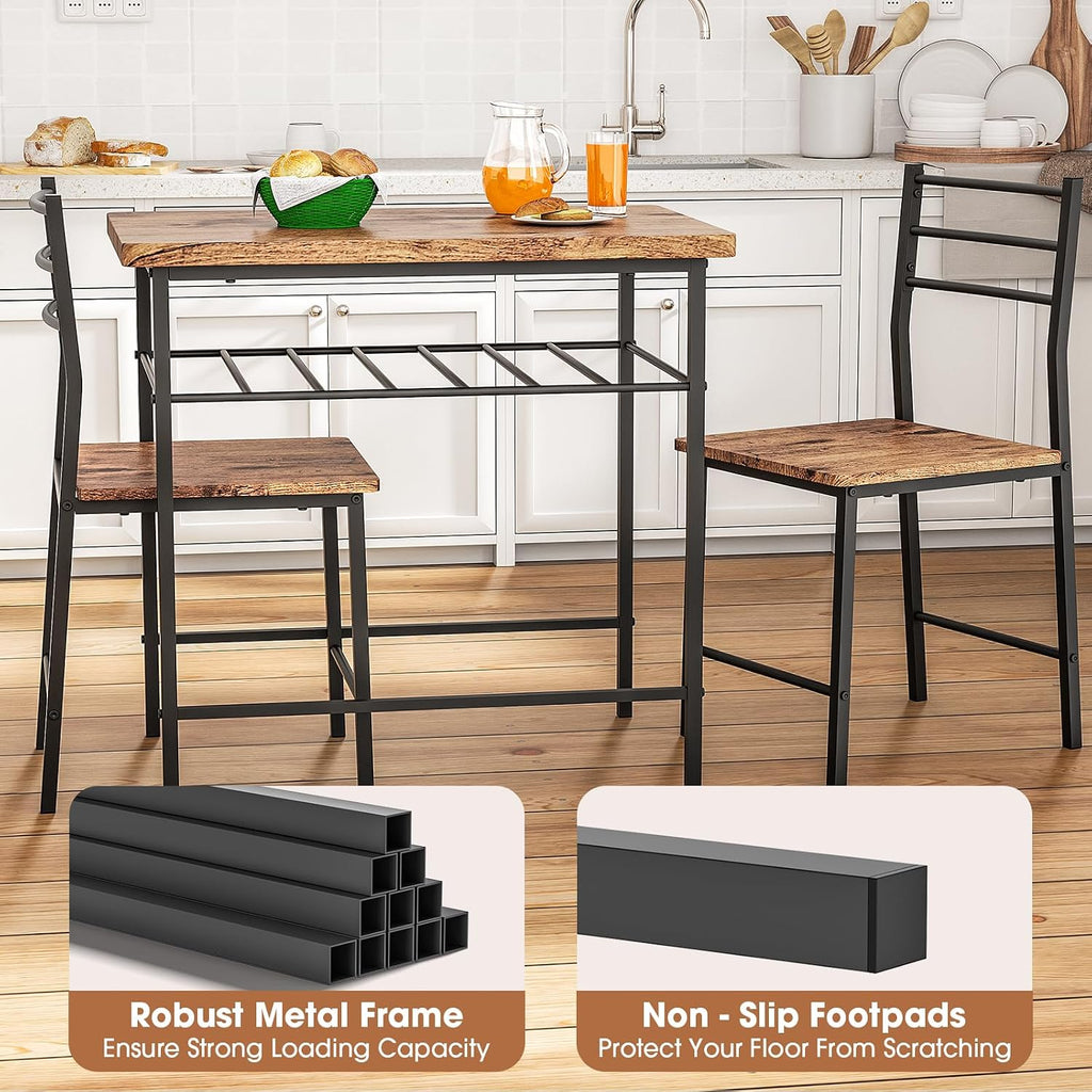 Fenbeli 3 Piece Dining Table Set - Small Kitchen Table & Chair Sets for 2, Breakfast Table Set w/Steel Frame, Built-in Storage Rack for Dining Room, Living Room, Apartment (Brown, Small)