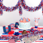 4 Pack 26.4 ft Red White Blue Patriotic Tinsel Garland with American Flags, Metallic Foil Fringe Banner Streamers for 4th of July, Memorial Day, Veterans Day, Independence Day, and Parade Decorations