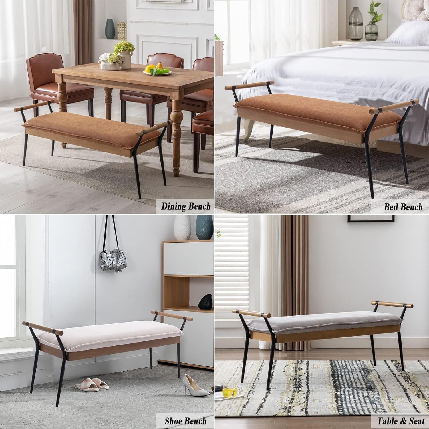 DUOMAY Modern Rectangle Ottoman Bench with Arms and Metal Legs, Mid Century PU Dining Table Bench Footstool Entryway Shoe Bench for Dining Room Bedroom Living Room, Brown