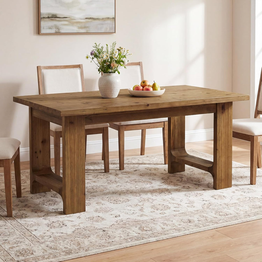 63-Inch Farmhouse Dining Table, Solid Wood Kitchen Table for 4-6 People, Large Wooden Rectangular Dinner Tables for Dining Room, Easy Assembly