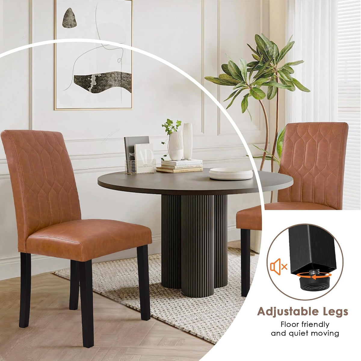 VECELO Upholstered Dining Chairs Set of 6, Modern PU Leather Accent Parsons, Solid Wood Legs w/Rubber Footpads, for Living Room Kitchen, Brown
