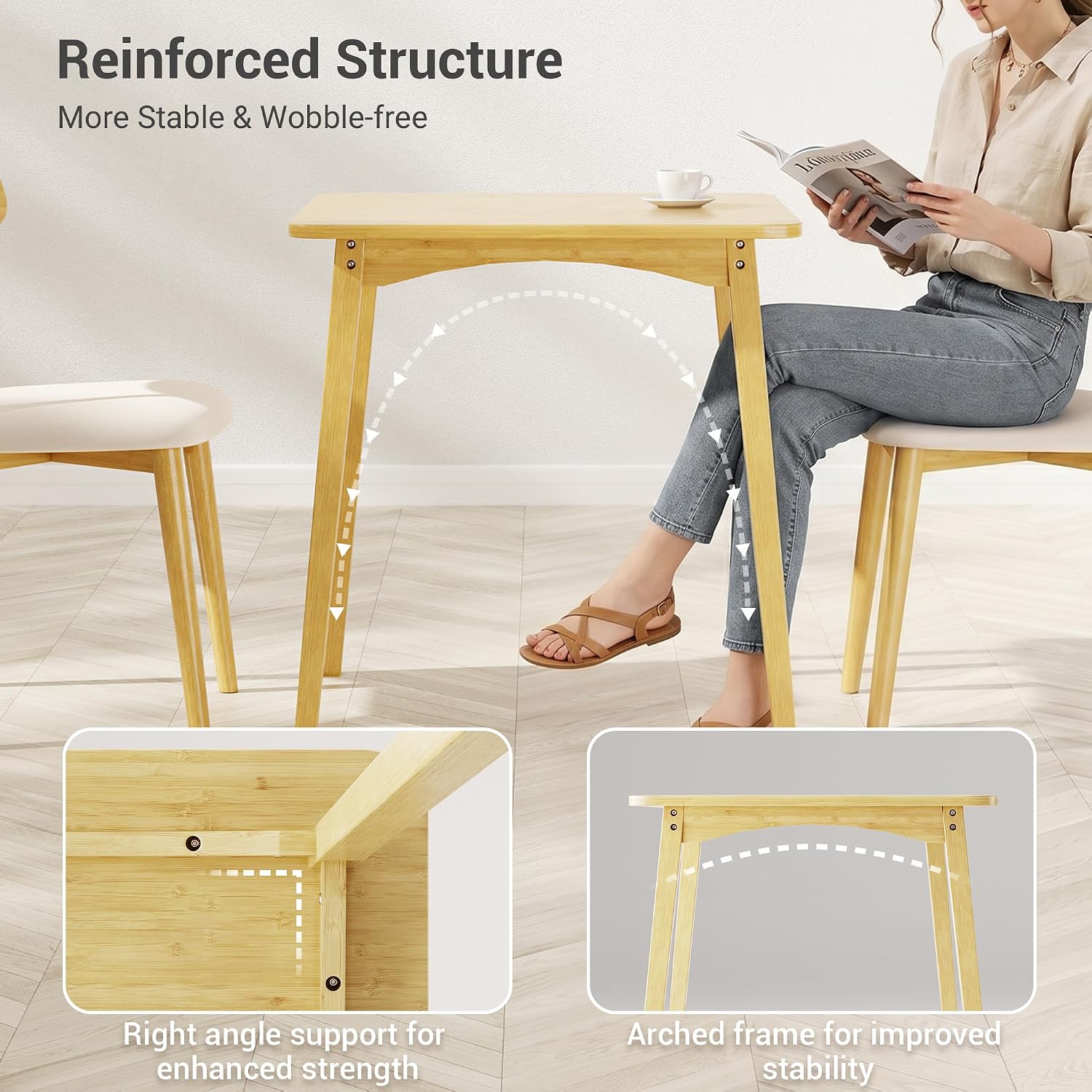 Bamboo Dining Table, Small Kitchen Table for 2, 27.6" Square Dining Tables for Small Space, Easy Assembly, Dinner Table for Dining Room, Living Room, Kitchen, Office(Natural)