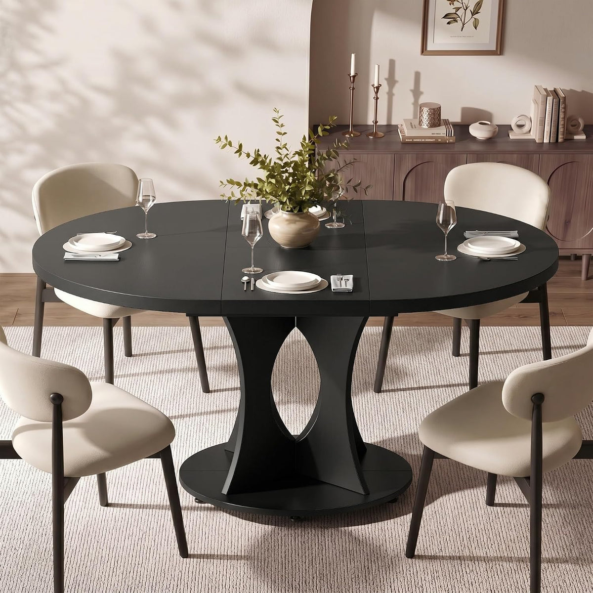 Einhomn 43-59" Extendable Round Dining Table, Kitchen Table for 4-8, Farmhouse Circle Dining Room Table with Removable Leaves,Hidden Storage, Space Saving Wood Kitchen & Dining Room Furniture, Black
