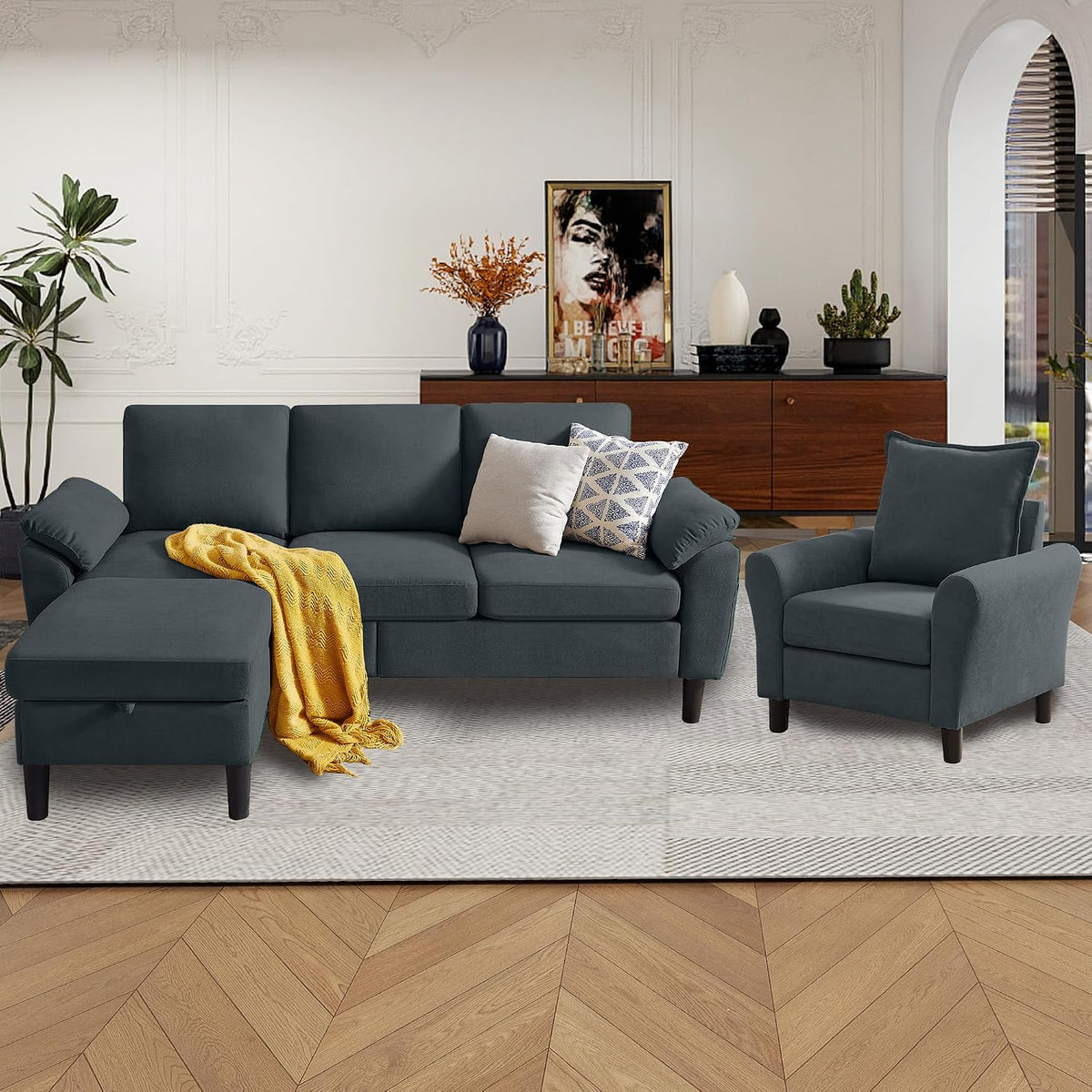 79" Convertible Sectional Sofa Set, Modern Linen Small L Shaped Couch with Reversible Ottoman and Accent Chair, 3-Seat Sofa Couches for Living Room, Office, Apartment, Dark Grey