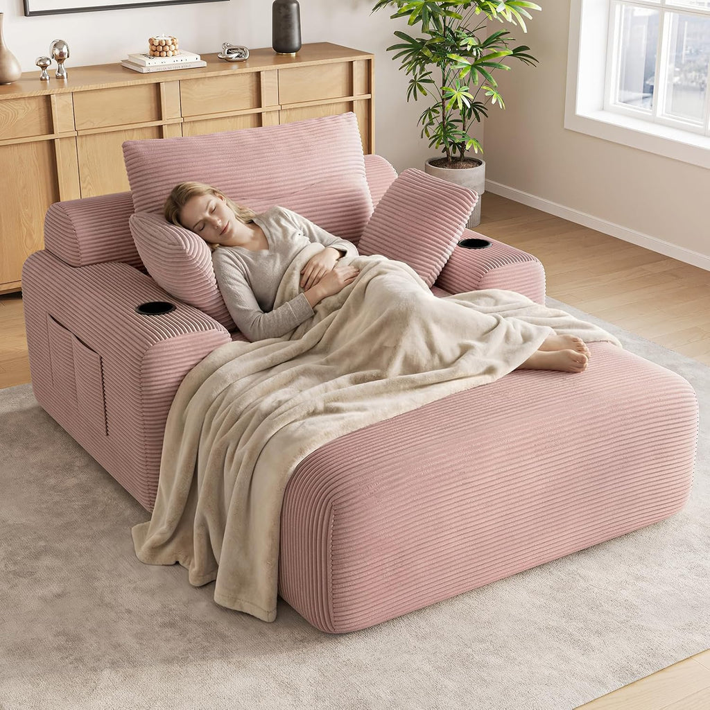 69” Oversized Chaise Lounge Chair Indoor, Soft Floor Chaise Lounge Reading Chairs with 4 Side Pockets and 2 Cup Holders, Comfy Corduroy Sleeper Sofa Bed for Living Room Bedroom, Pink