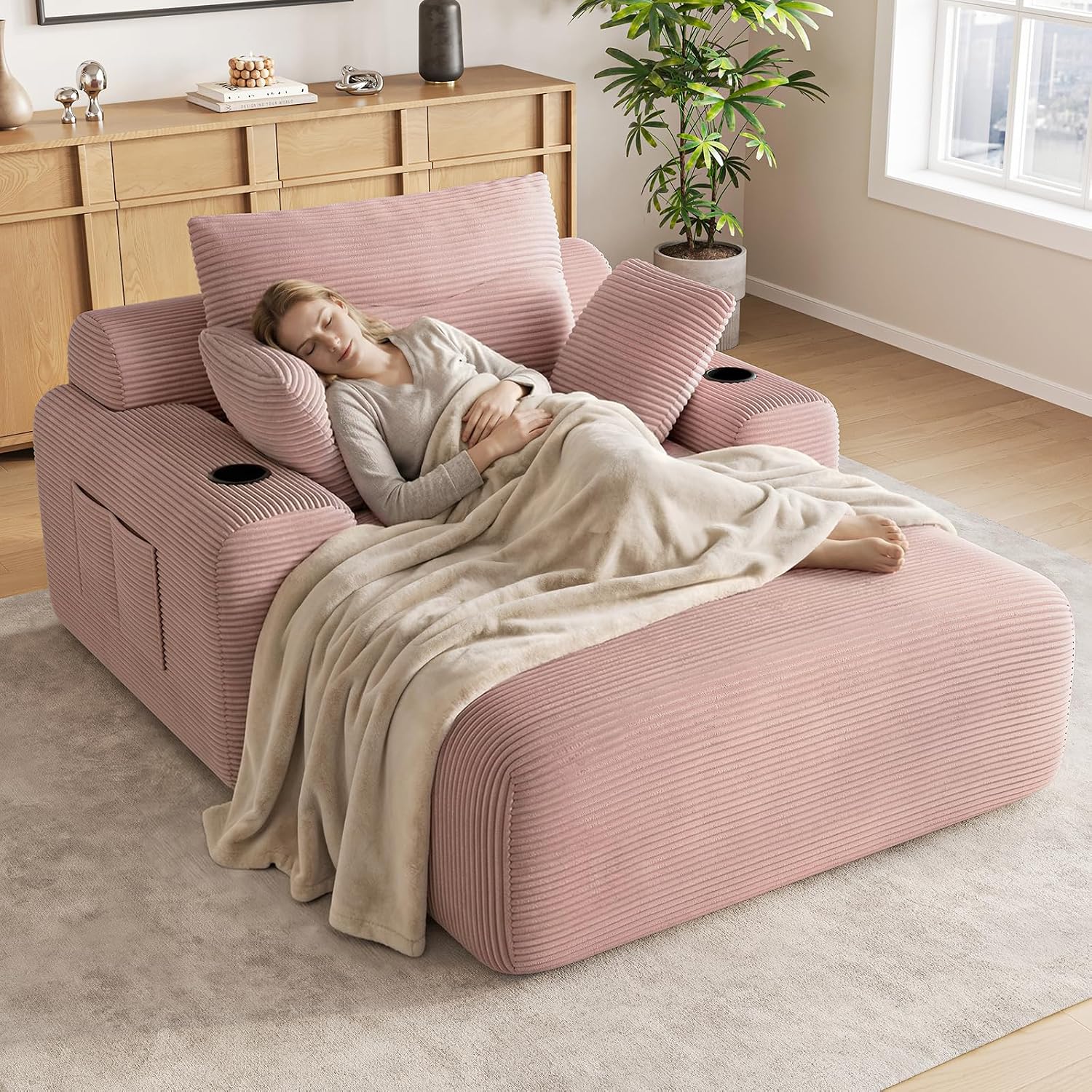 69” Oversized Chaise Lounge Chair Indoor, Soft Floor Chaise Lounge Reading Chairs with 4 Side Pockets and 2 Cup Holders, Comfy Corduroy Sleeper Sofa Bed for Living Room Bedroom, Pink