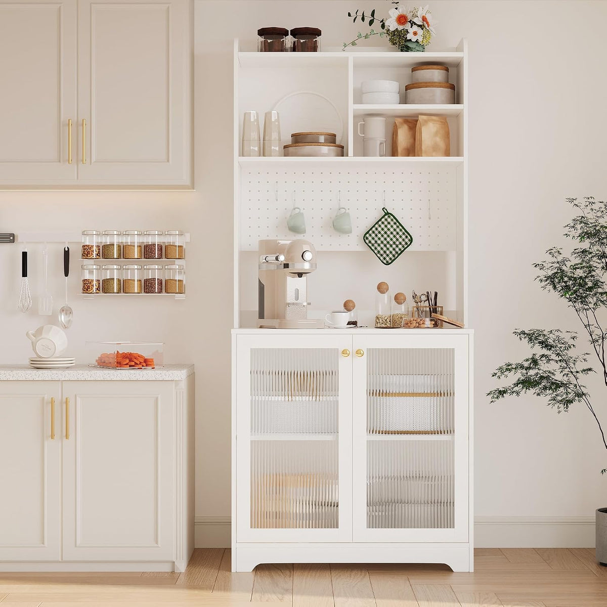 71" Tall Pantry Cabinet with 2 Glass Doors, Freestanding Kitchen Storage Cabinet with Open Storage & Adjustable Shelves, Modern Farmhouse Cupboard Coffee Bar for Dining Room, Living Room, White