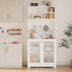 Kitchen Pantry Cabinet,71-Inch Freestanding Storage Cupboard with 7 Compartments, DIY Pegboard, 2 Glass Doors & Adjustable Shelves – Versatile Storage for Kitchen, Dining Room, Hallway(White)