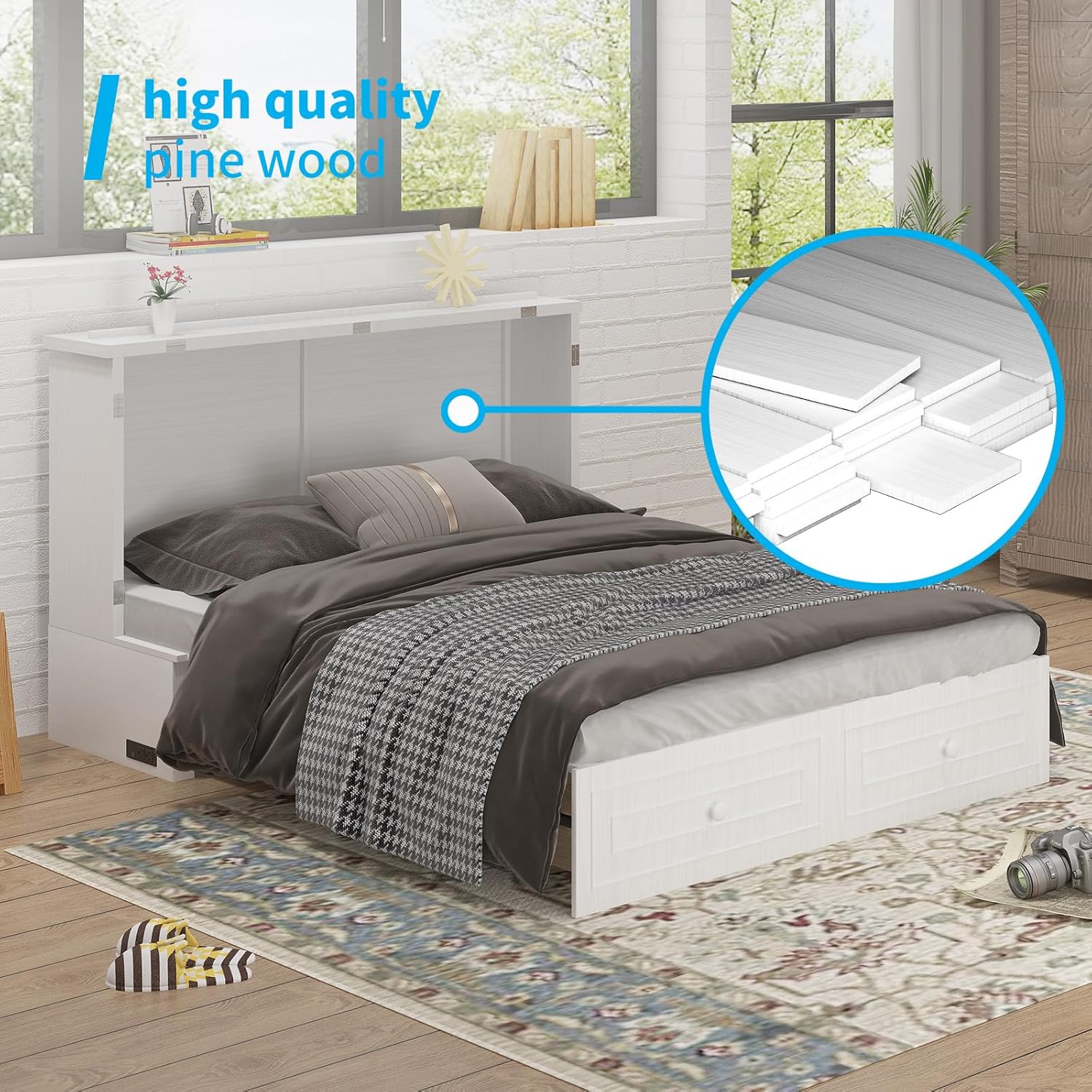 Mjkone Murphy Cabinet Bed Queen Size White No Mattress | with Tri-Folding Mattress, 2 Storage Drawers & USB Charging Station, Wooden Wall Chest Bed