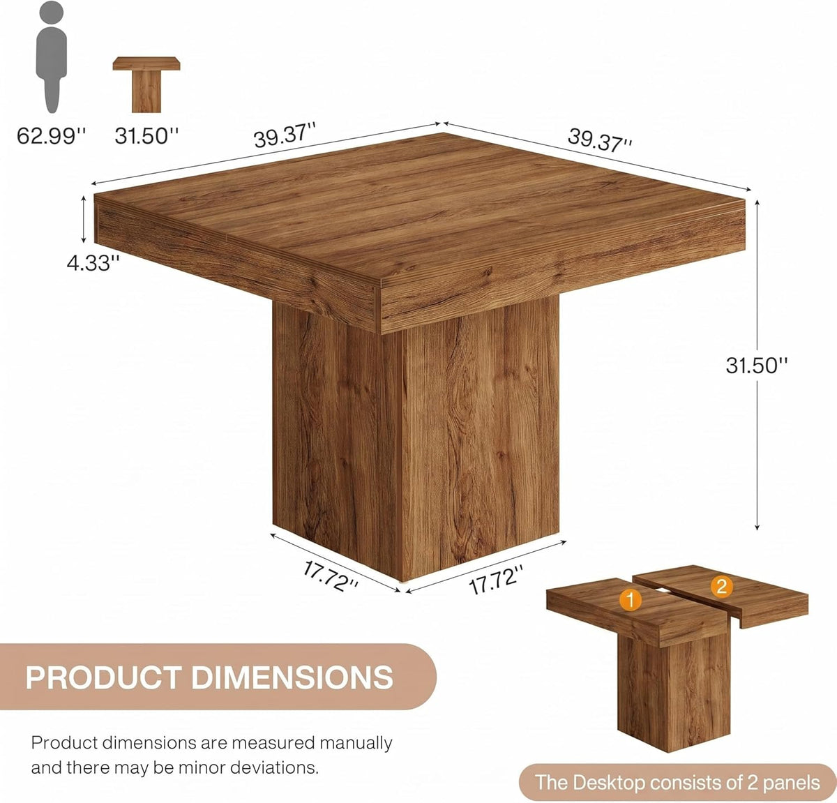 Tribesigns 39-Inch Square Dining Table for 4, Farmhouse Small Kitchen Dinner Eating Table with Sturdy Pedestal Base, Wooden Dining Room Furniture for Dining Room, Kitchen, Apartments (Walnut)