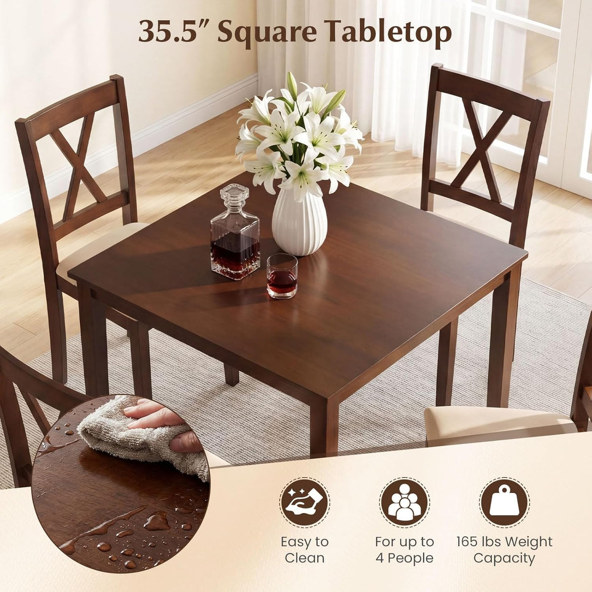 Giantex Dining Table for 4, 35.5" Square Kitchen Table with Solid Rubber Wood Legs, Wooden Dinner Table for Living Dining Room, Dinette, Home Office, Apartment, Walnut