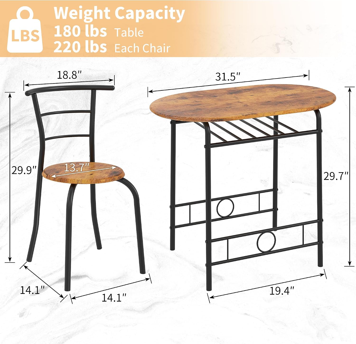 VECELO 3-Piece Dining Table Set for Kitchen Breakfast Nook, Wood Grain Oval Tabletop and Metal Frame with Built-in Wine Rack, for Small Spaces, Antique Brown & Black