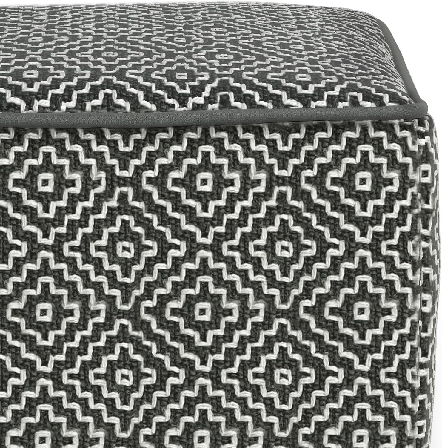 SIMPLIHOME Brody 18" Wide Square Pouf in Distressed Black Vegan Leather | Versatile boho indoor/outdoor footstool, extra seating for living room or bedroom or patio with assembled design, assembled.