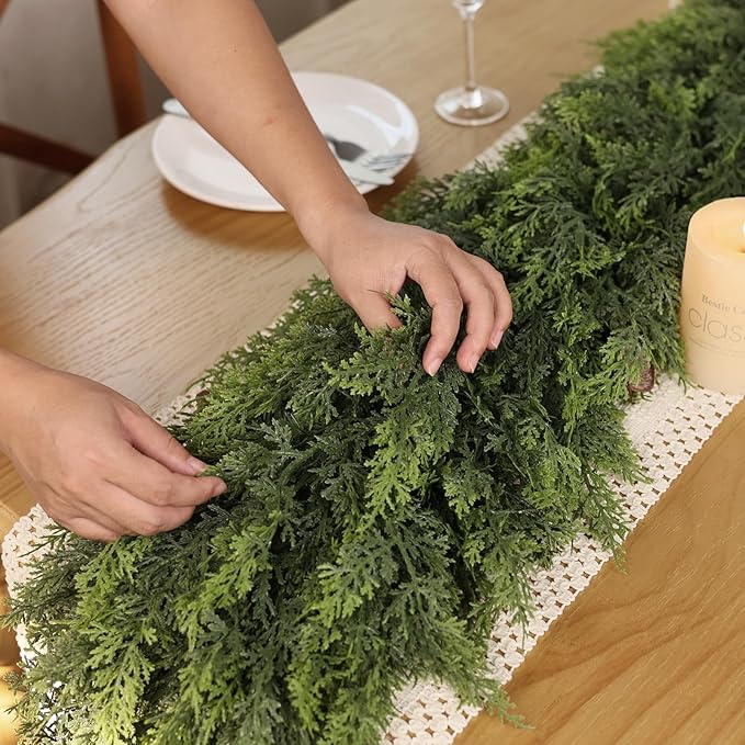 Christmas Cedar Garland - 9ft Artificial Cedar Garland Faux Lush Green Fake Pine Needles for Fireplace,Table,Window,Stairs,Mante,Holiday Indoor Outdoor Xmas Decor(2PCS)