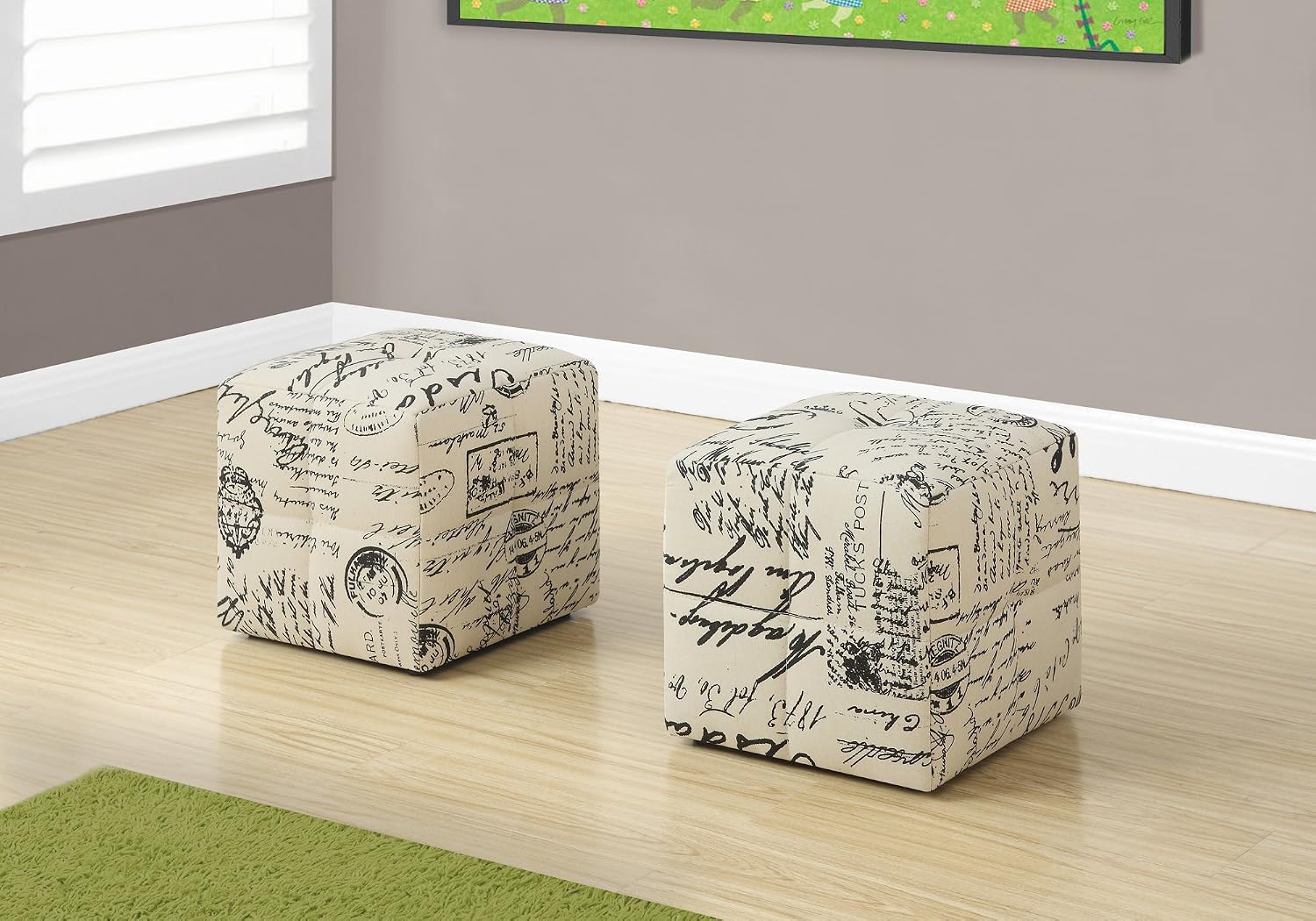 Ottoman, Pouf, Footrest, Foot Stool, Set of 2, Juvenile, Beige Fabric, Transitional