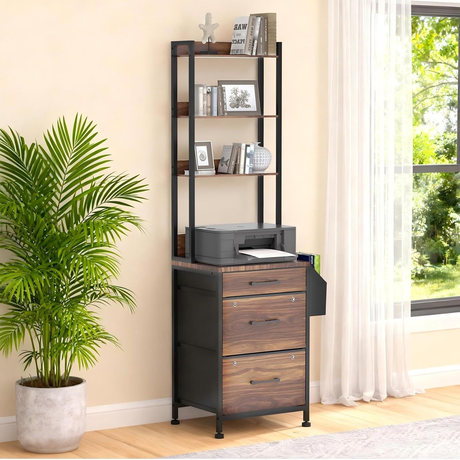 FAHKNS 3 Drawer Vertical Filing Cabinet with Charging Station, 3 Drawer File Cabinet with 4-Tier Shelves & Storage Bags, Printer Stand for Home Office, Suitable for Letterhead/Legal Documents/A4