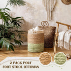 Barydat 2 Pcs 15'' Ottoman Pouf Natural Seagrass Braided Poof Hand Weaving Round Ottomans Boho Footrest Stool for Home Living Room Bedroom Patio(Natural and Green)