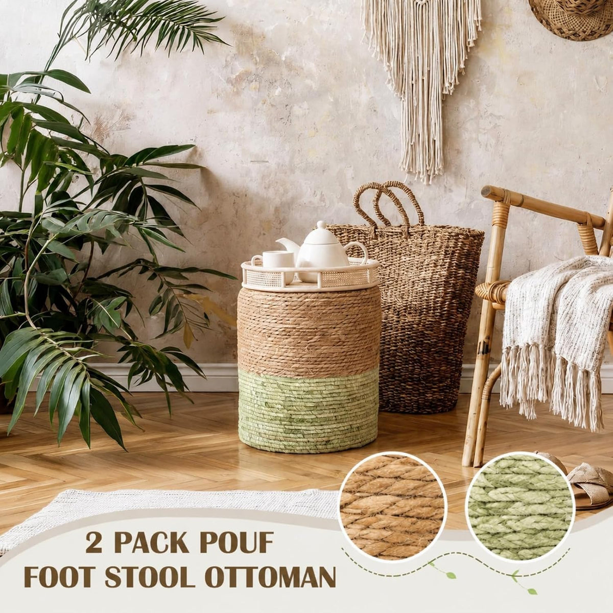 Barydat 2 Pcs 15'' Ottoman Pouf Natural Seagrass Braided Poof Hand Weaving Round Ottomans Boho Footrest Stool for Home Living Room Bedroom Patio(Natural and Green)