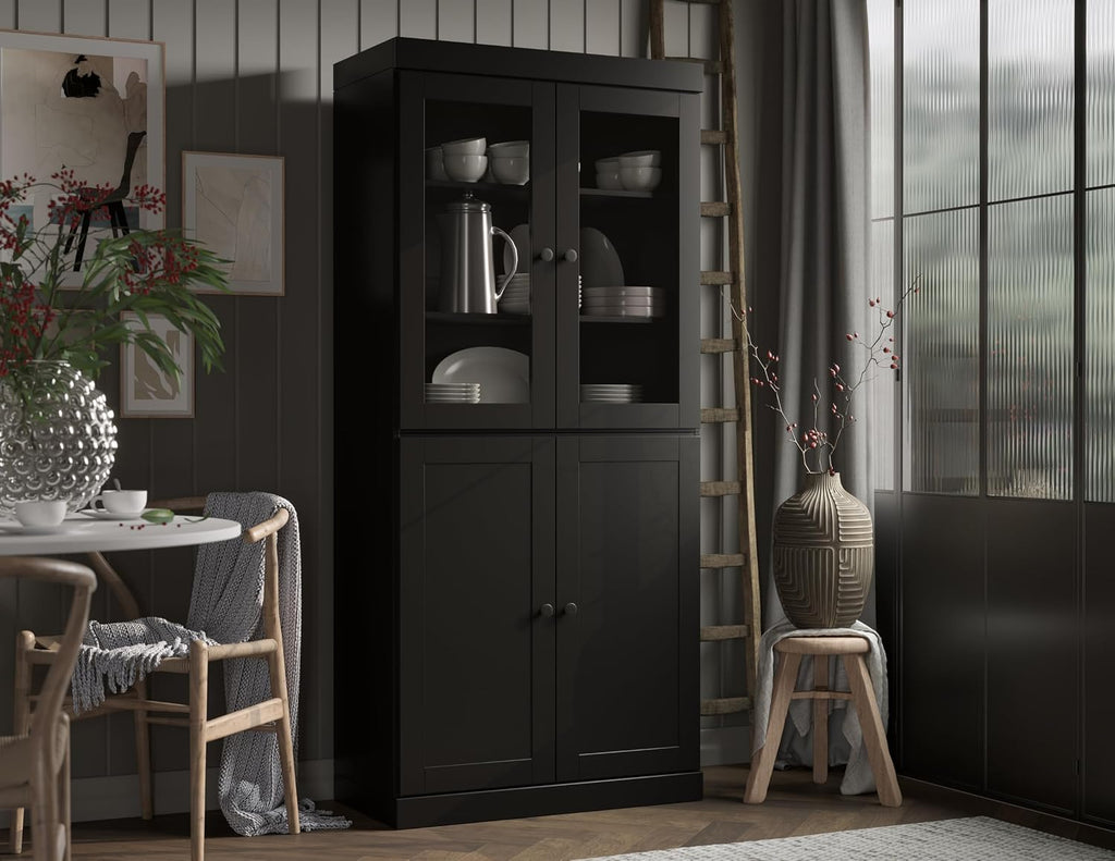 Palace Imports Solid Wood Tall Pantry Cabinet – 71.5" H x 32" W – Black Wooden Storage Cabinet for Kitchen w/Clear Glass/Shaker Doors & 4 Adjustable Shelves, 100% Eco-Friendly Wood, Made in Brazil
