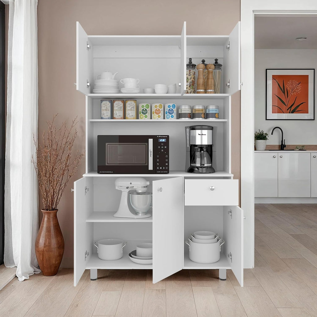 DEPOT E-SHOP 44" Lehr Pantry Cabinet with Ample Storage, Spacious Shelves, and 6 Doors-1 Drawer, White - Kitchen – Tall Kitchen Storage & Pantry Organization