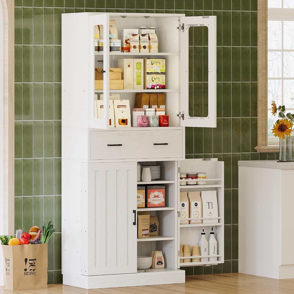 IRONCK 74.8" Tall Kitchen Pantry, Storage Cabinet with LED Lights, Kitchen Cabinet with Acrylic Glass Door, Drawer and Adjustable Shelves, for Dining Room, White